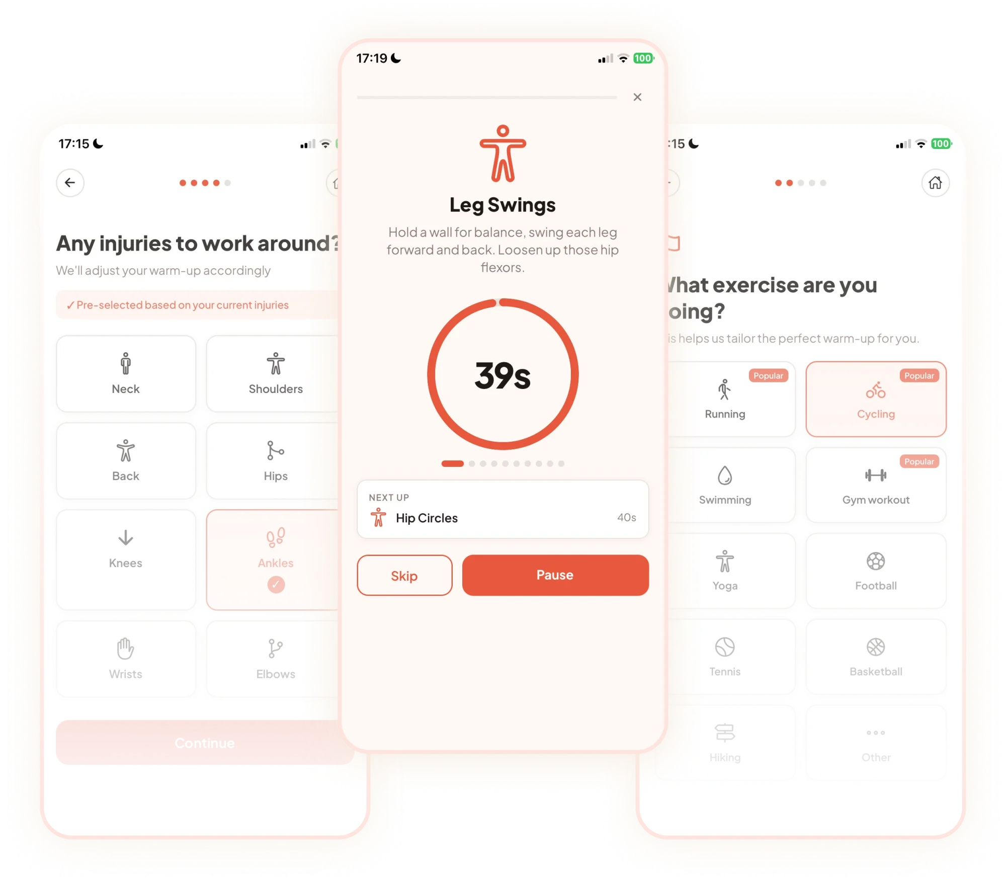 Prima app screens showing injury selection, a warmup timer, and exercise selection